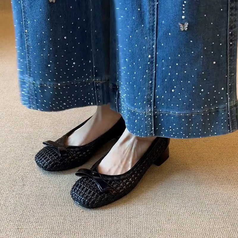 Retro square-toe woven openwork bow black women's single shoes, summer chunky heel 3.5CM commuter sandals