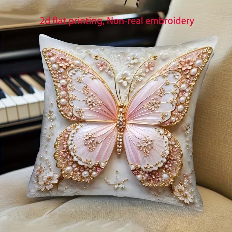 Light luxury pink butterfly throw pillow with imitation embroidery and printing, living room sofa pillow with core, bedroom bay window decoration waist pillow