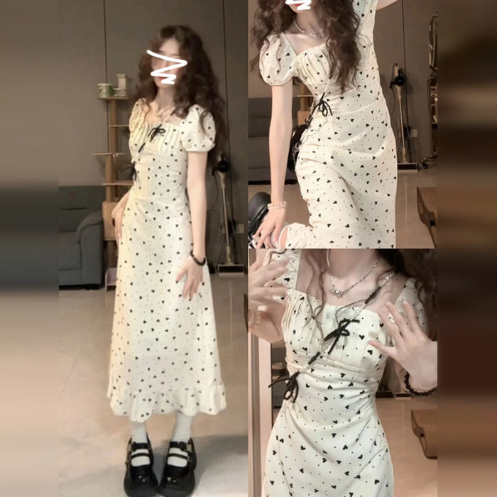 French-style square neck white puff sleeve floral dress, summer 2026 new style, petite bodycon elegant long dress