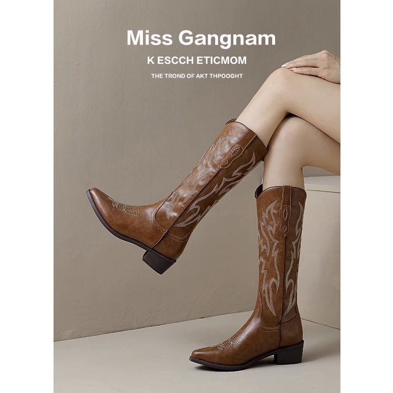 Big-leg western cowboy boots, long boots, women's embroidered chunk-leg long boots, high-leg knight boots, height-increasing chunk-leg long boots