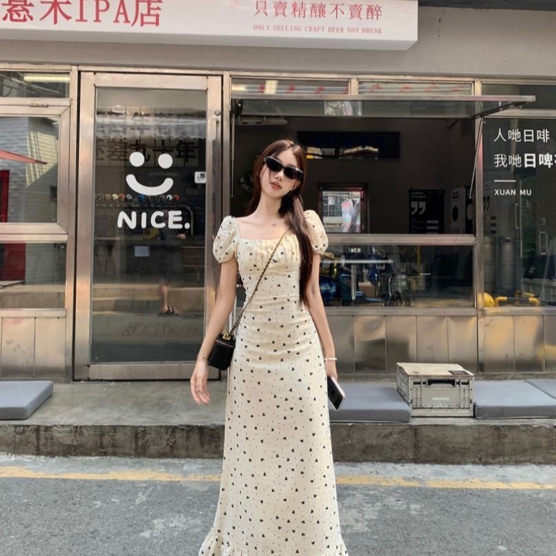 French-style square neck puff sleeve dress, summer elegant waist-cinching bodycon dress, tea dress, unique niche long dress.