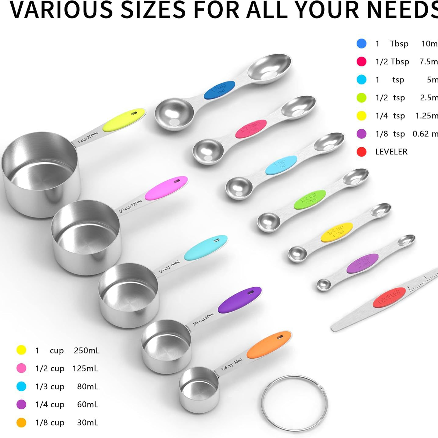 Cross-border factory direct sales of stainless steel measuring cup and spoon set, 13-piece set of color silicone handle with scale measuring cup