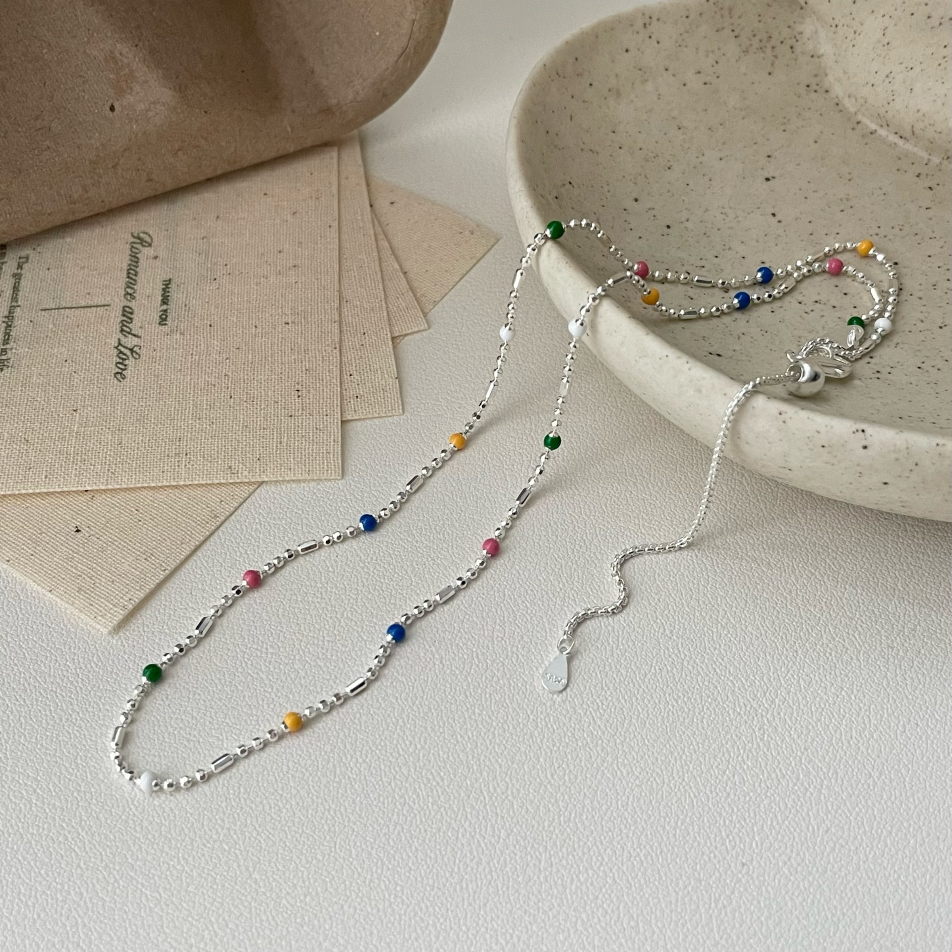 S925 Sterling Silver Rainbow Drop Glazed Round Bead Pull-Out Necklace, Exquisite Minimalist Design, Stylish Clavicle Chain