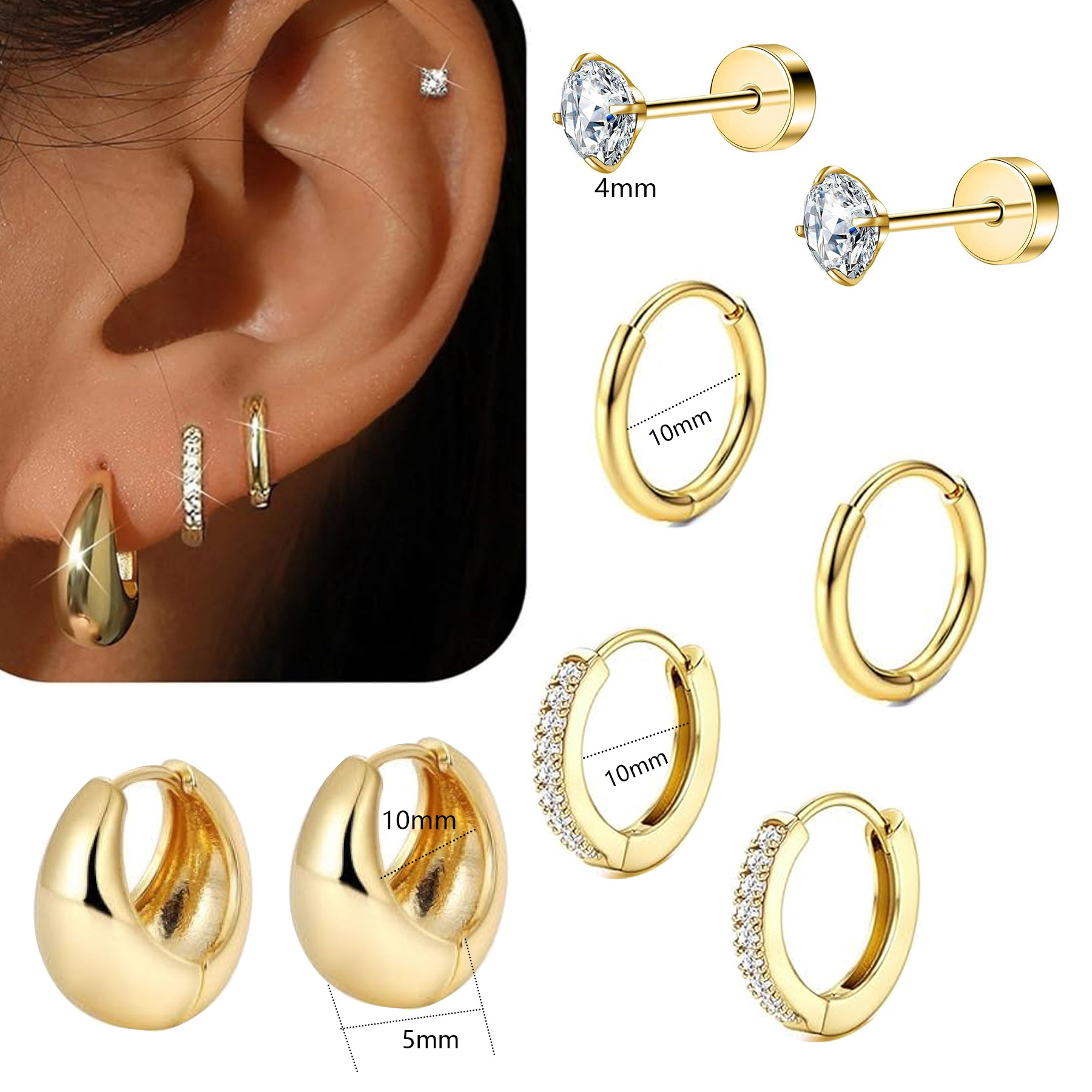 European and American geometric zircon thin rod open earrings, hoop earrings, genuine gold electroplated cartilage studs, stainless steel light luxury women's ear cartilage