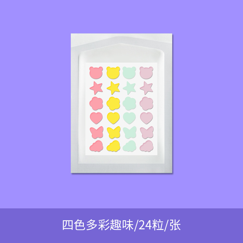 Hydrocolloid acne patches with cute cartoon designs, laser pearls, flowers, and colorful shapes; artificial skin acne concealer.