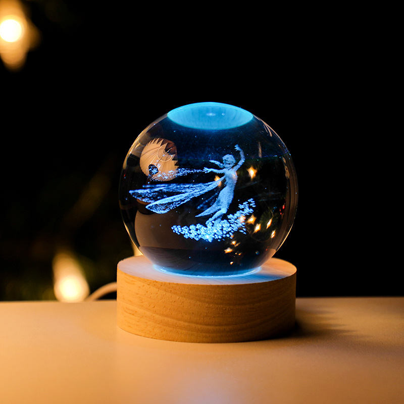 Cross-border crystal ball 3d engraved wooden luminous base, night light, office desk decoration, student gift wholesale