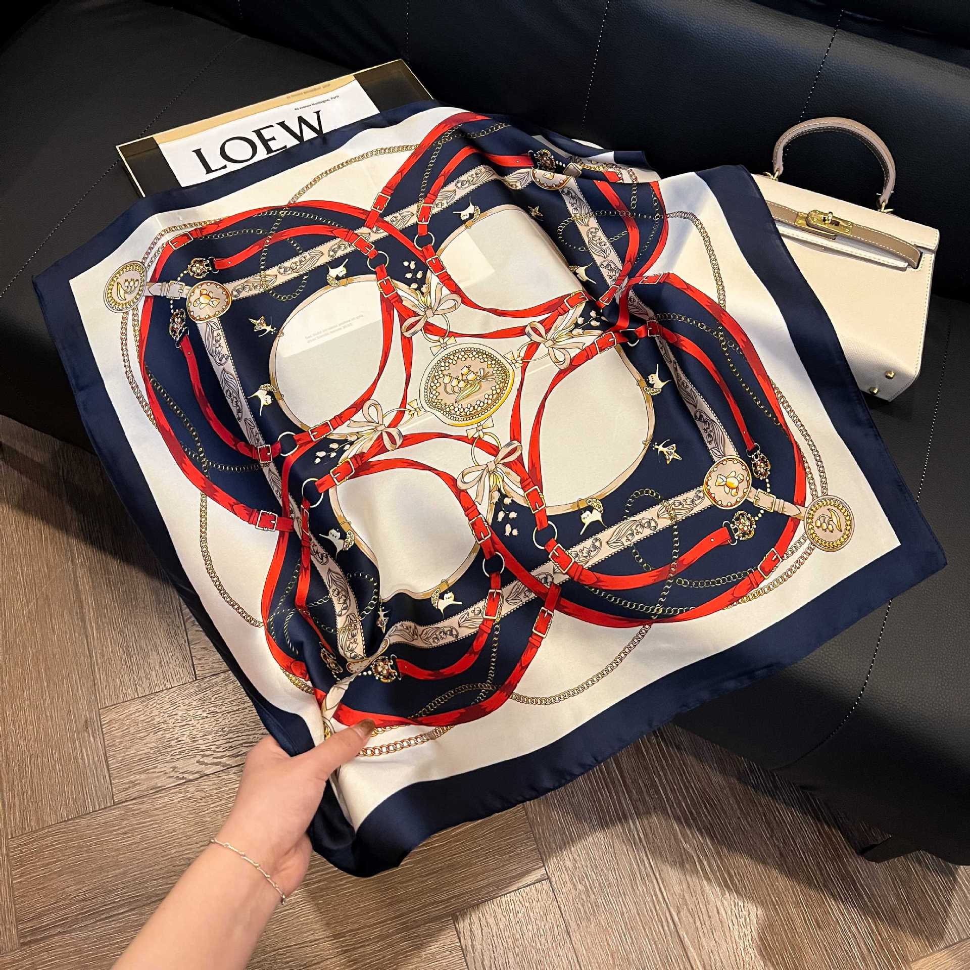 Fashionable 70-inch simulated silk square scarf with oil painting style, perfect for Instagram and easy to match. Wholesale.