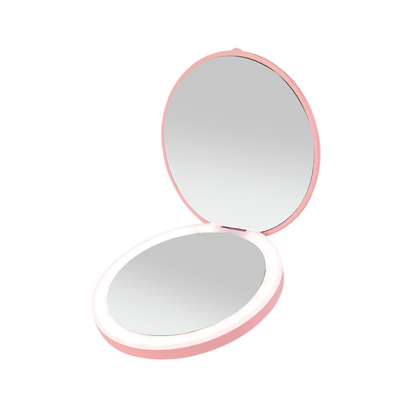 Three-color portable cartoon quicksand LED makeup mirror with light, flip-top double-sided round mirror, USB rechargeable portable pocket mirror.