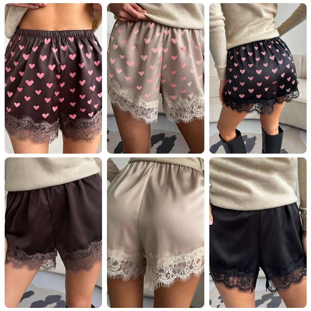 2026 Amazon Fashion French Elegance Satin Lace Hem Women's Spring high-waisted Loose patchwork Shorts