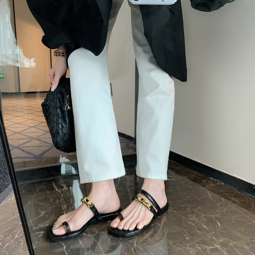 New casual style leather slippers with crocodile gold buckle and toe caps. Genuine leather women's sandals.