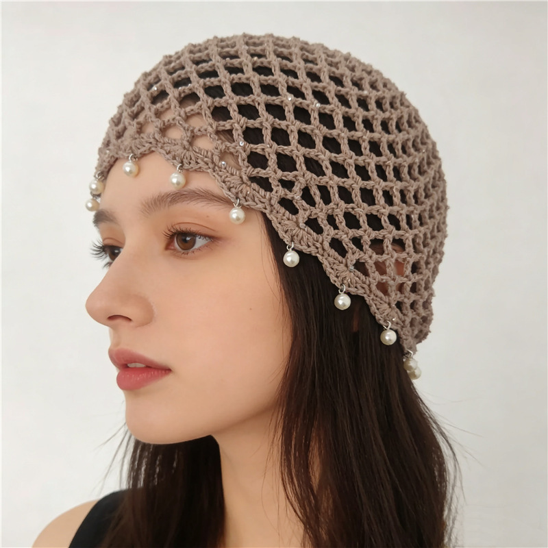 Sequined Pearl Tassel Headband Hat for Women, Hollowed-out Bohemian Retro Ethnic Style Woven Pullover Hat