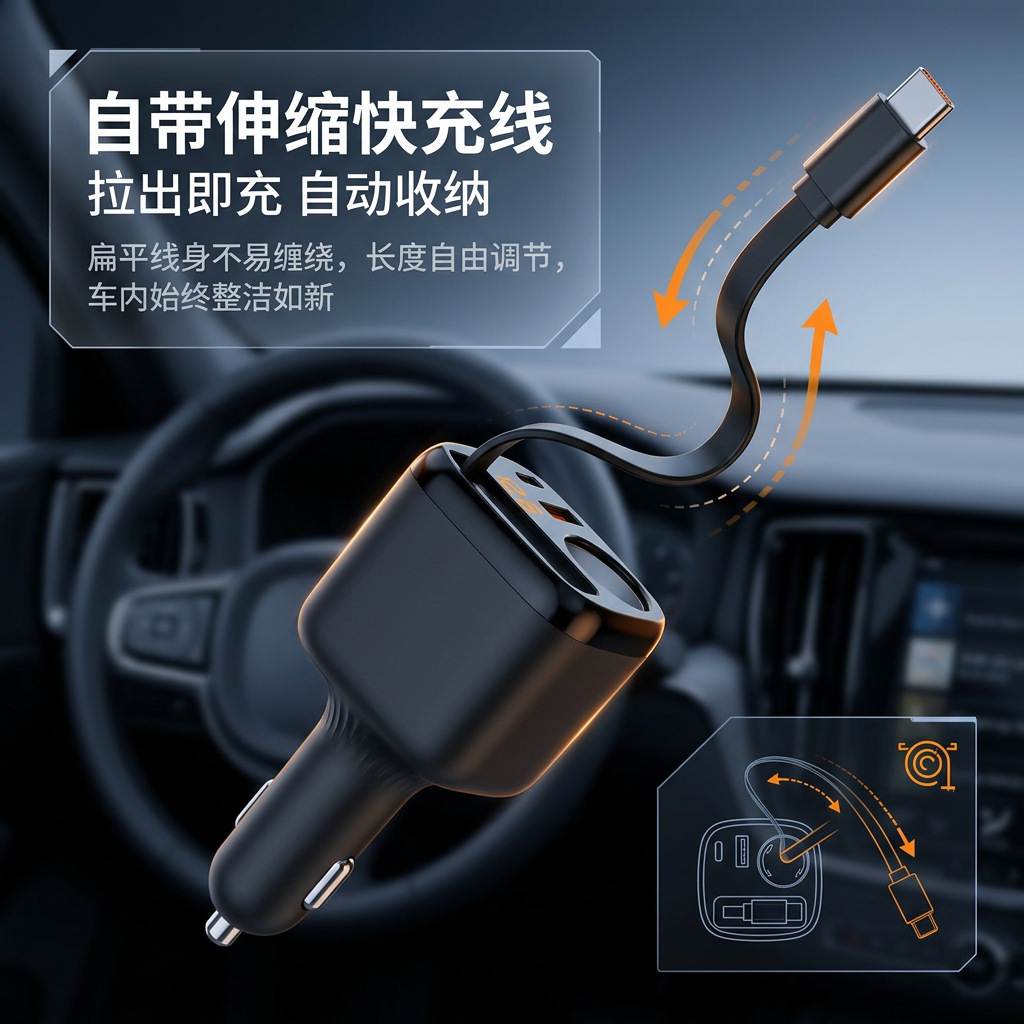 New telescopic car charger, three-in-one super fast charging, digital cigarette lighter, adapter, cable car charger