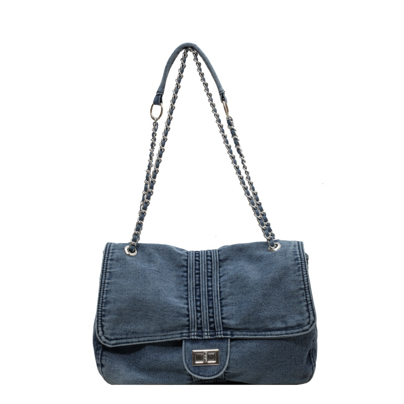 Korean style large capacity washed denim bag for women, underarm bag, denim tote bag, fashionable and casual chain crossbody bag.
