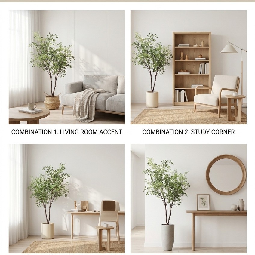 1.3-meter artificial Nandina domestica potted plant, a floor-standing green plant for the living room, is a light luxury Japanese-style decorative indoor landscaping plant