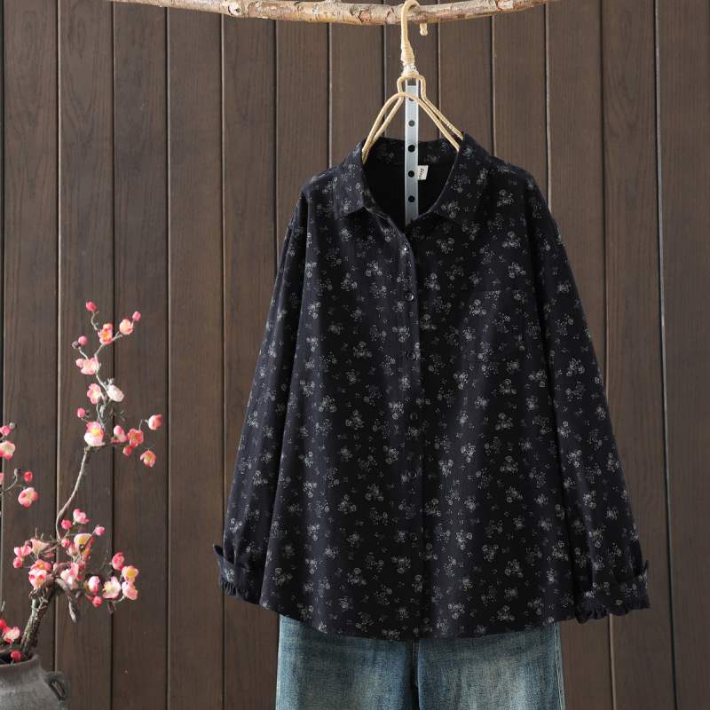Japanese-style artistic retro brushed small floral single-breasted long-sleeved shirt for women's 2025 autumn and winter casual top