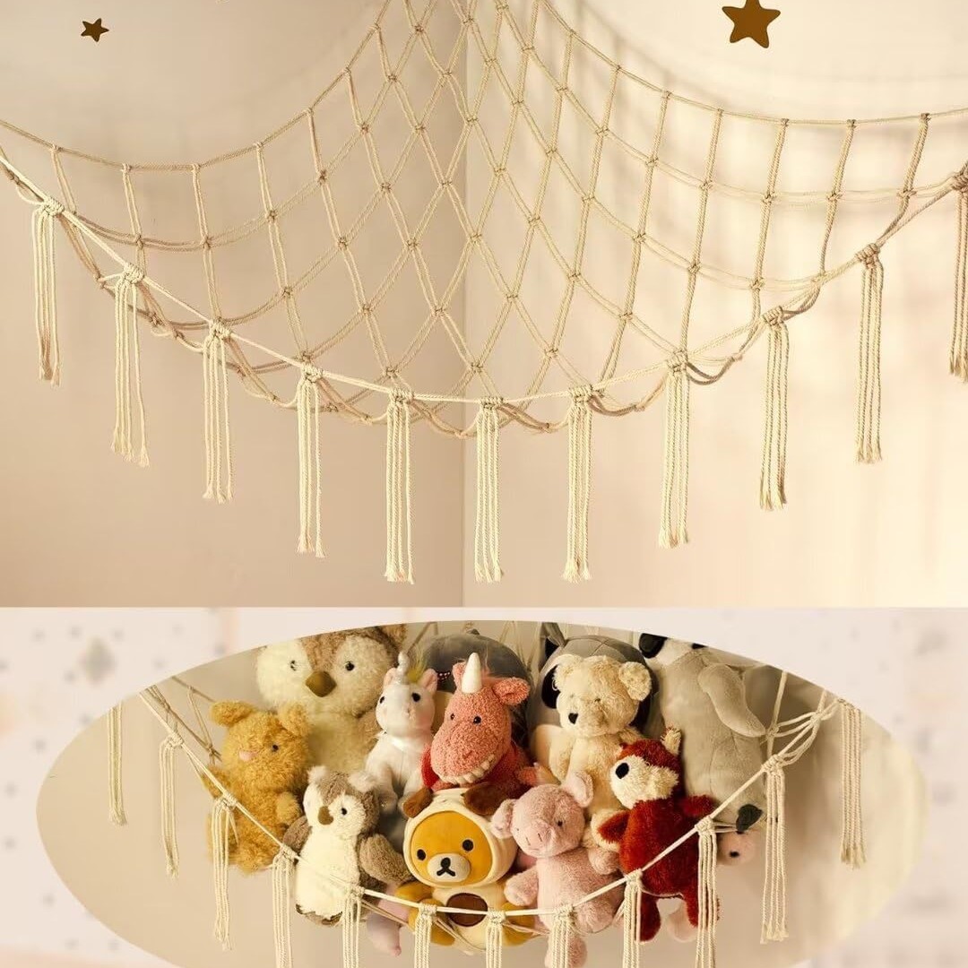 Cross-border plush toy storage with hanging rope, triangle storage mesh bag, children's room storage