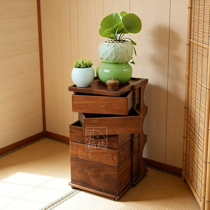 North American black walnut wood wheeled movable coffee table, rotating storage cabinet, multi-functional living room tea cabinet, storage cabinet, chest of drawers
