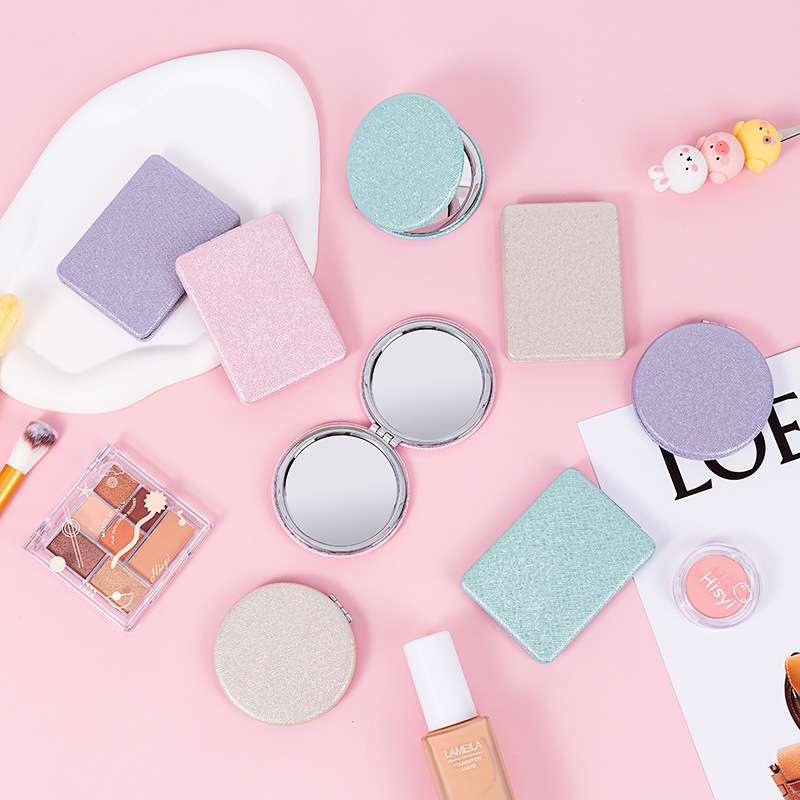 PU pink and blue leather double-sided makeup mirror, portable folding minimalist glossy leather mirror
