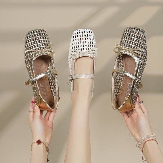Korean style woven breathable bow fashionable flat single shoes for women 2026 summer new soft-soled one-shoulder with Mary Jane