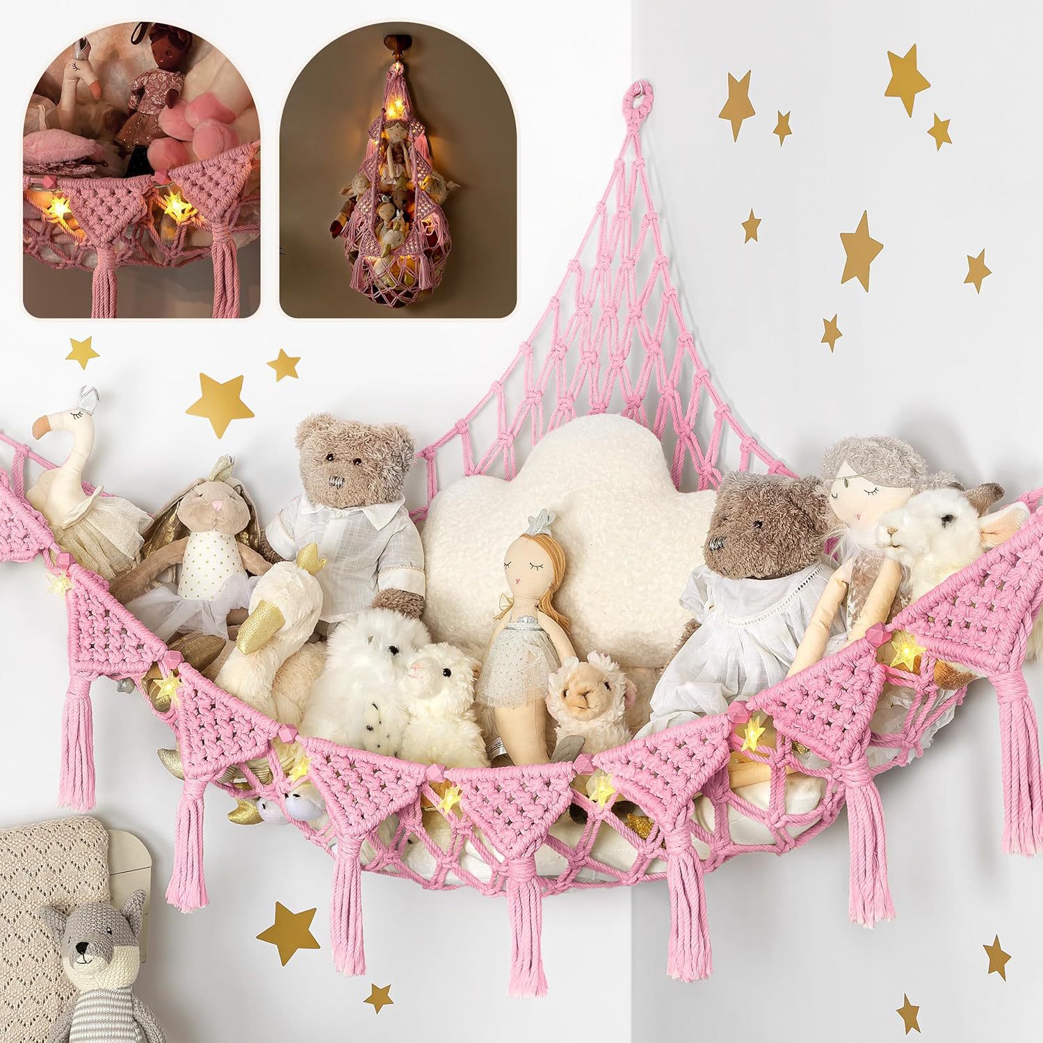 Cross-border plush toy hanging storage triangular mesh bag hand-woven cotton rope children's room corner storage net