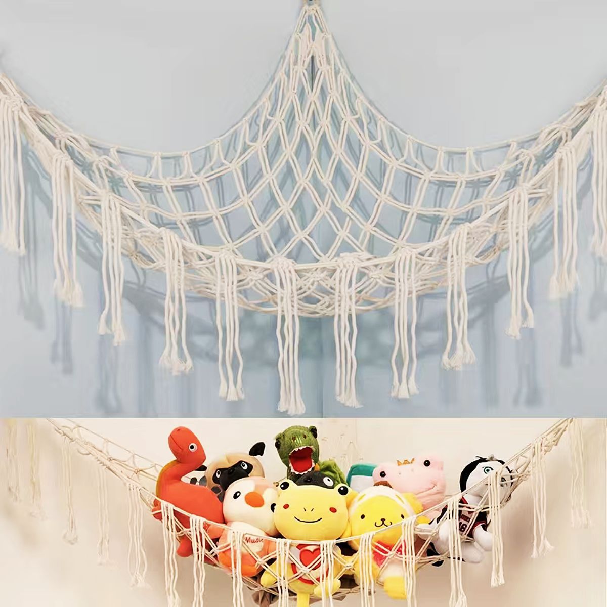 Cross-border triangular wall-mounted toy mesh bag, children's room toy storage bag, woven plush toy hammock net