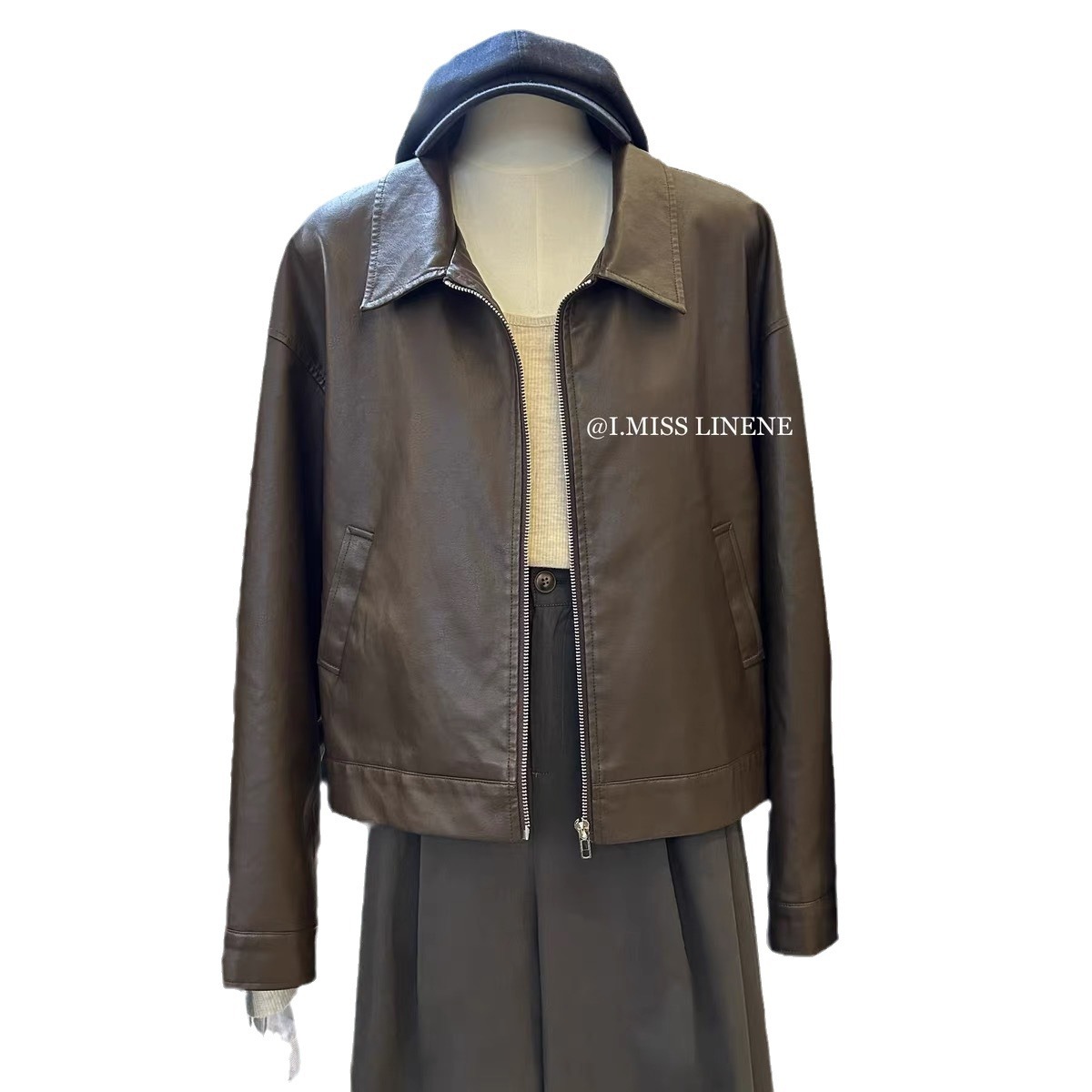 Classic Korean chic autumn retro lapel zipper versatile motorcycle jacket, pu faux leather short coat for women