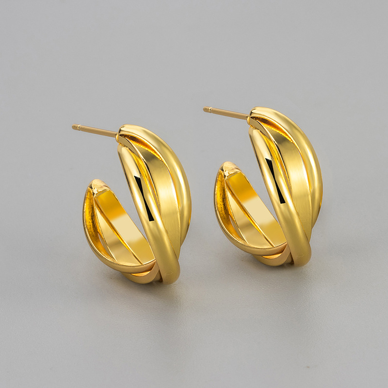 C-shaped cross minimalist matte cool-toned earrings for women, a niche design with a high-end feel.