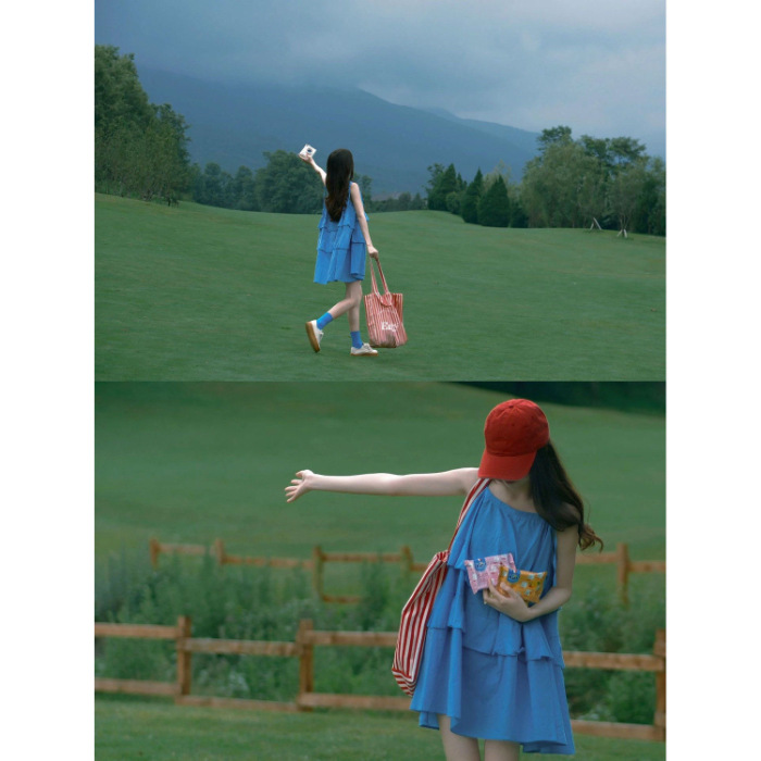 Chic and pretty Korean style gentle blue tummy-concealing and youthful sundress for women, perfect for summer.