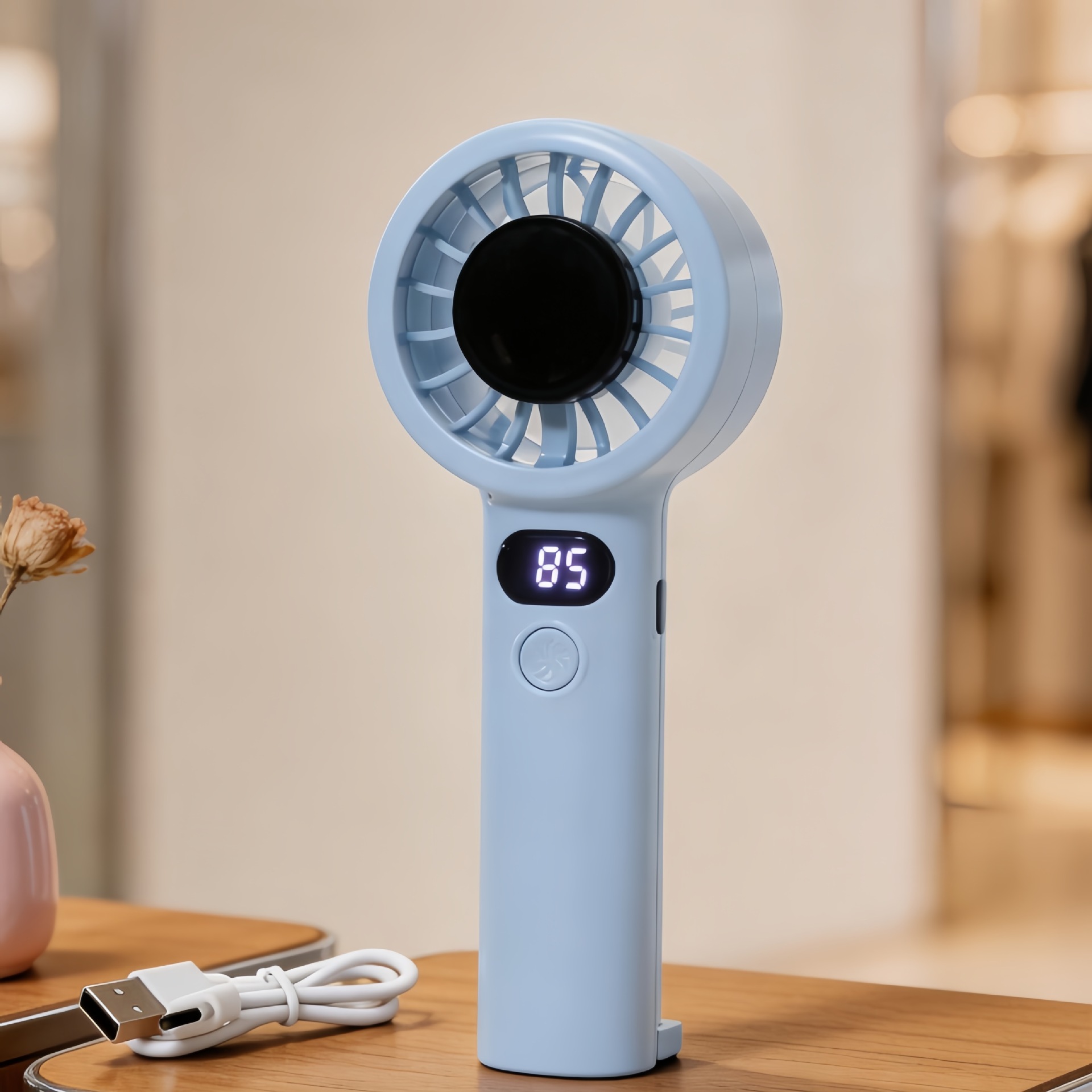 Handheld, minimalist, intelligent digital display, stepless speed control mini fan with handle, logo printing available, includes lanyard, desktop rechargeable fan.