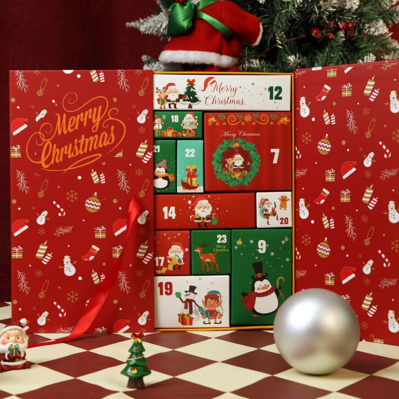 Christmas countdown calendar blind box, Advent Day fun pattern countdown, 24-day red surprise gift box, empty box