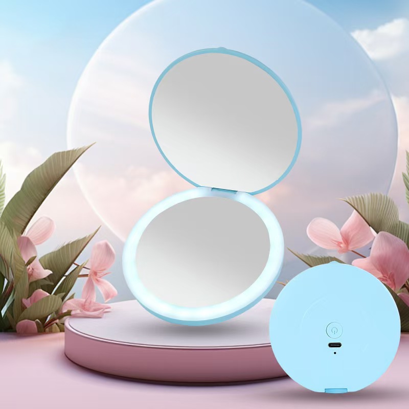 Small round double-sided mirror, foldable, LED mini handheld portable makeup mirror with light, Wenwo.