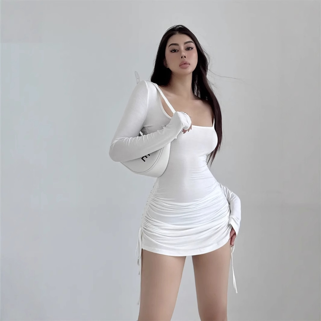 2025 New Sexy Square Neck Long Sleeve Short Dress for Women, Drawstring Hem, Slim Fit, Flattering Dress