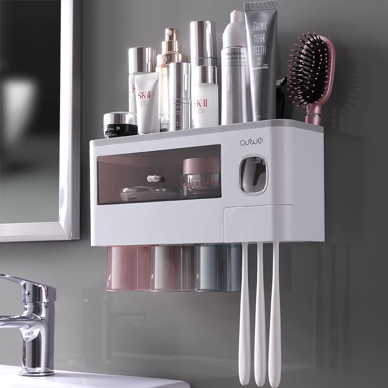 Family-sized toothbrush cup holder, wall-mounted bathroom toothbrush and dental care storage set (no drilling required)