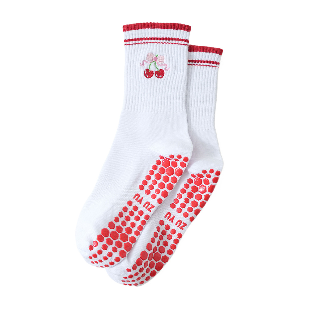 Women's mid-calf socks with embroidered cherry blossoms, yoga socks, sports non-slip knee-high socks, indoor fitness Pilates socks