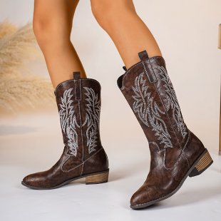 Cross-border 2025 Autumn/Winter New V-neck embroidered sleeve chunk-heeled knight boots, retro mid-calf pointed Western cowboy boots