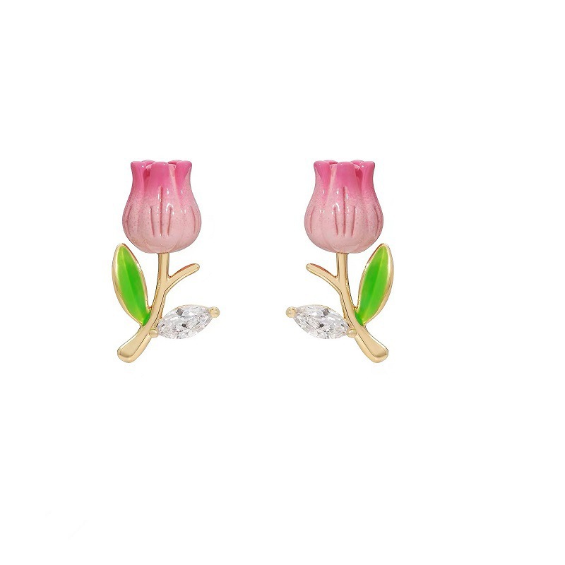 S New Jewelry Pearl Green Leaf Flower Earrings, Cute Tulip Style, Unique Design, Fresh Crystal Earrings