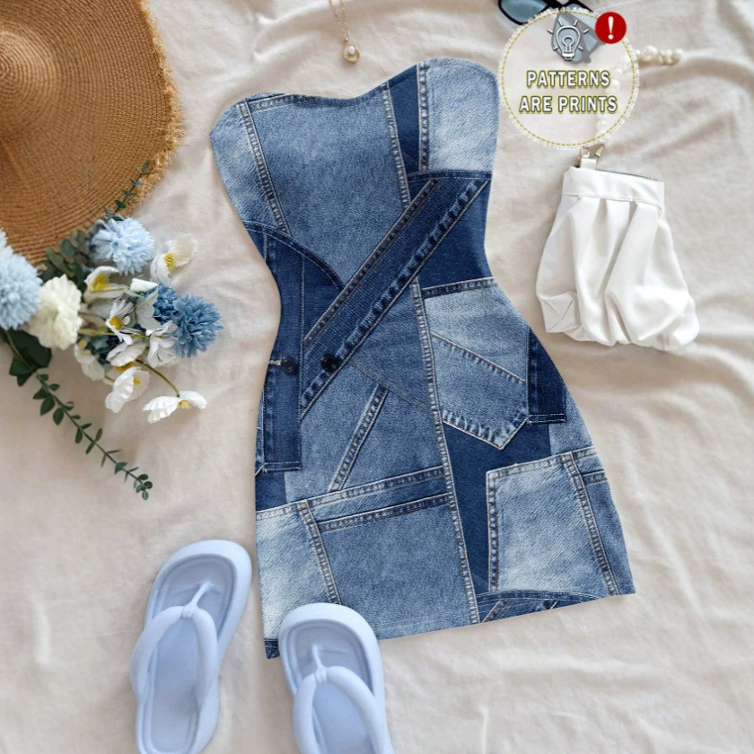 Summer 2026 faux denim printed strapless dress with a cross-border vacation style from Europe and America