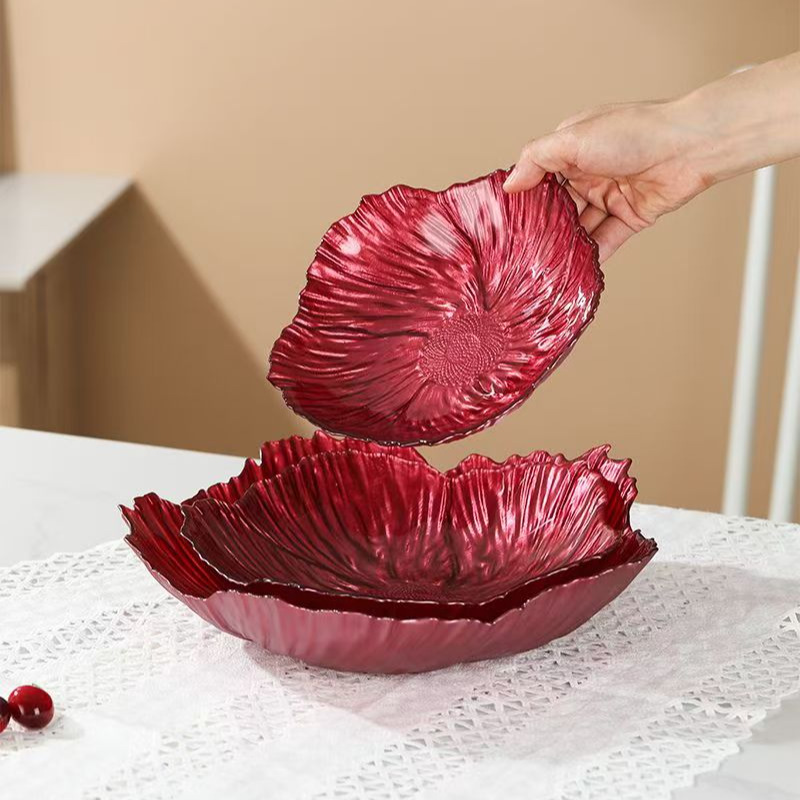 Modern minimalist glass pearl plate, suitable for home use, featuring floral designs, snacks, fruits, tea, and desserts; hand-painted floral tray.