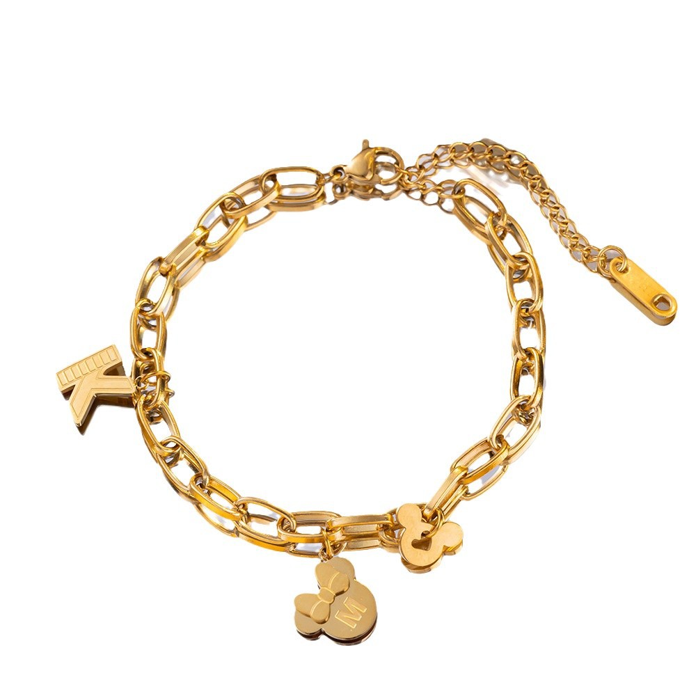 European and American style, new cross-border Mickey Mouse gold bead letter titanium steel bracelet for women, fashionable, versatile, color-resistant jewelry.