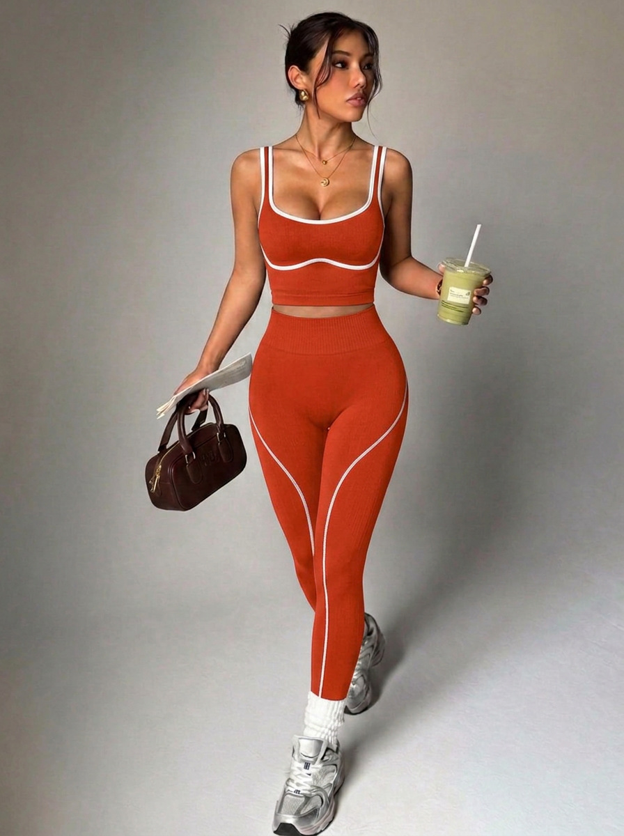 Seamless yoga long pants set, women's color-blocking sports and fitness set, running and fitness vest, high-waisted peach-buttock long pants