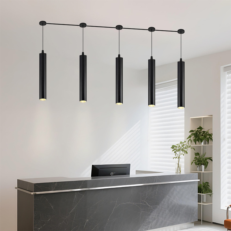 led bar table lamp, exposed hanging line long downlight, COB spotlight, restaurant, hair salon, front desk, cash register, cylindrical chandelier