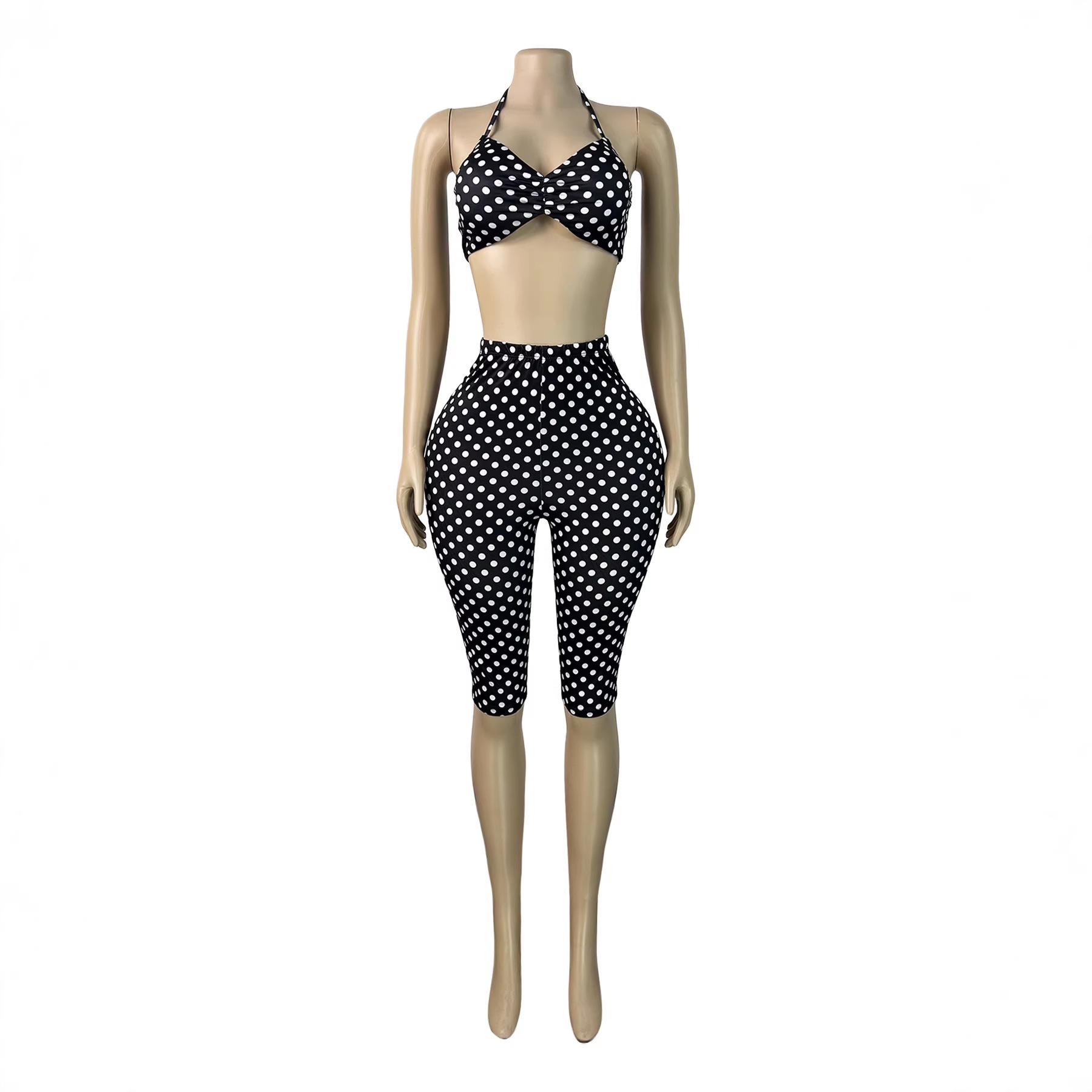 HR26103 European and American style women's halter neck strapless polka dot print tight five-point pants two-piece set