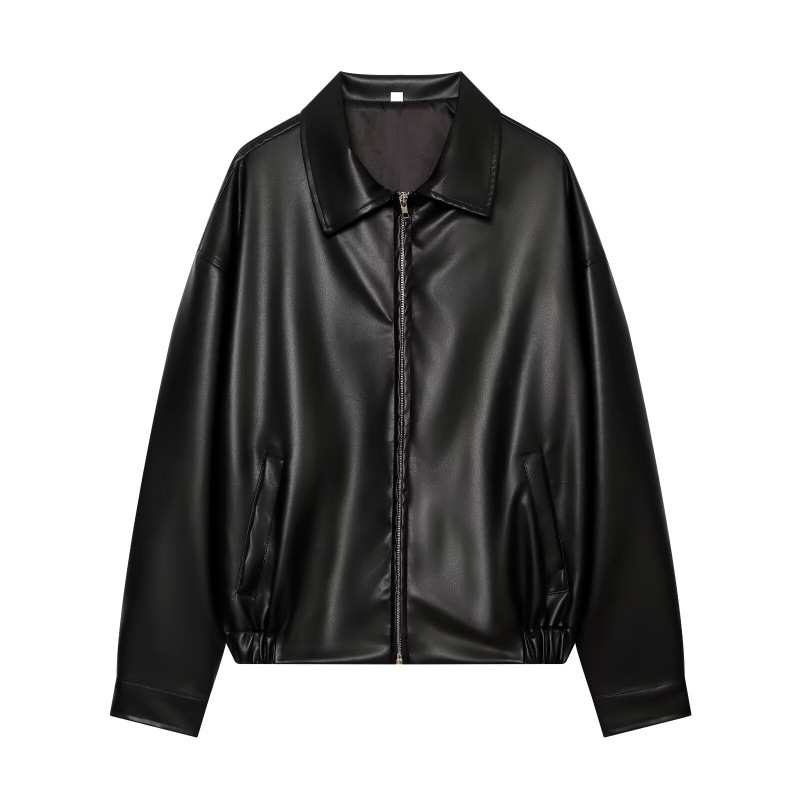 PB&ZA export single European high-quality leather jacket for autumn and winter, off-the-shoulder loose zipper short faux leather jacket