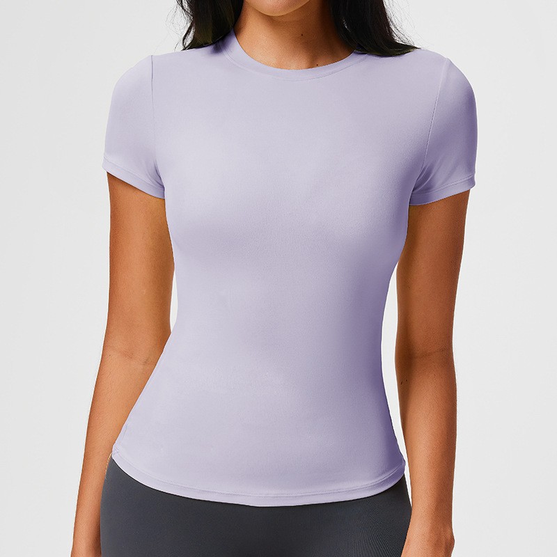 Cross-border American style solid color round neck short-sleeved t-shirt with bare skin, quick-drying yoga wear, slim fit fitness top, sportswear for women.