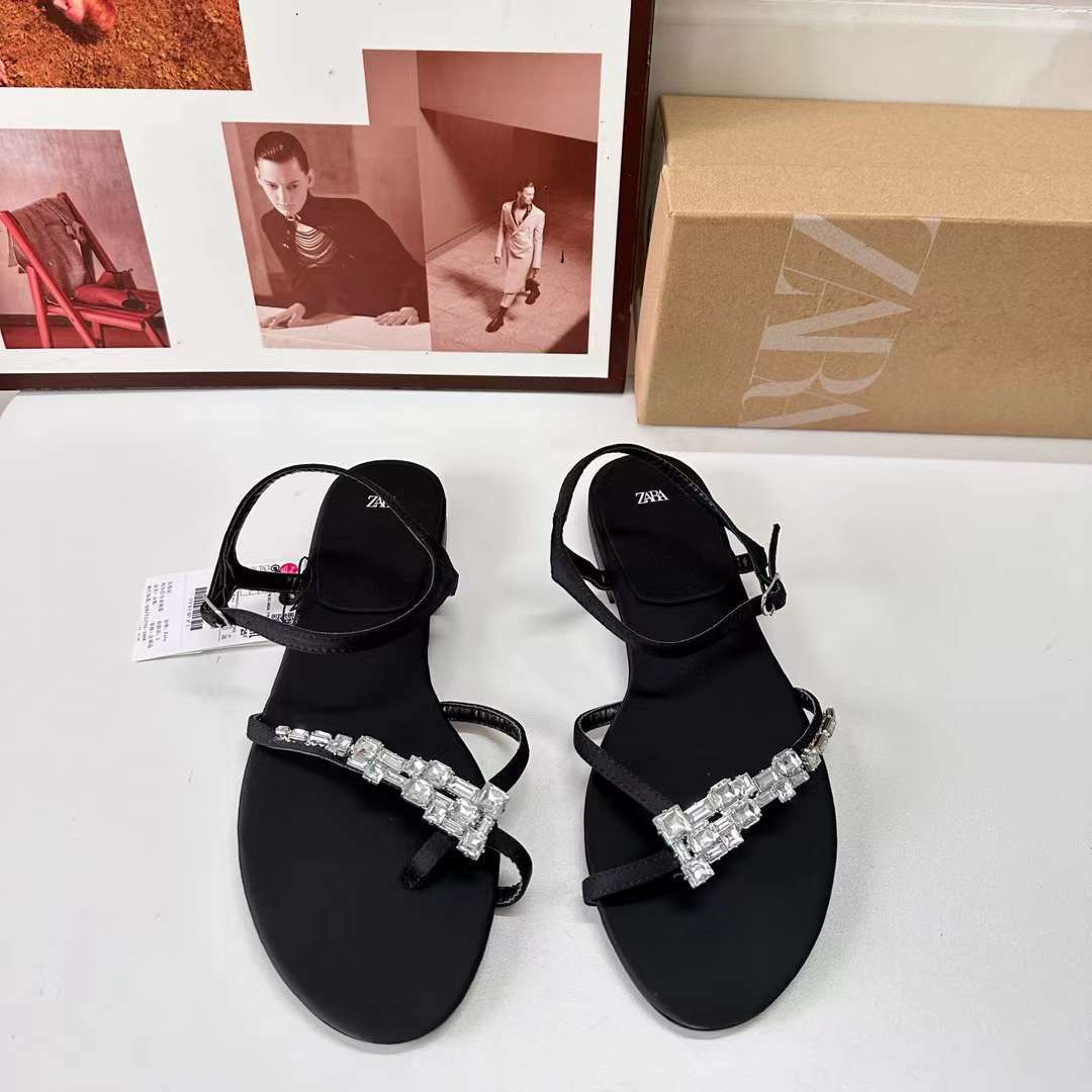 ZA2024 New Rhinestone Flip-Flop Sandals for Women, Summer, One-Strap, Fashionable, Versatile, Flat, Fairy-Style Flip-Flop Shoes