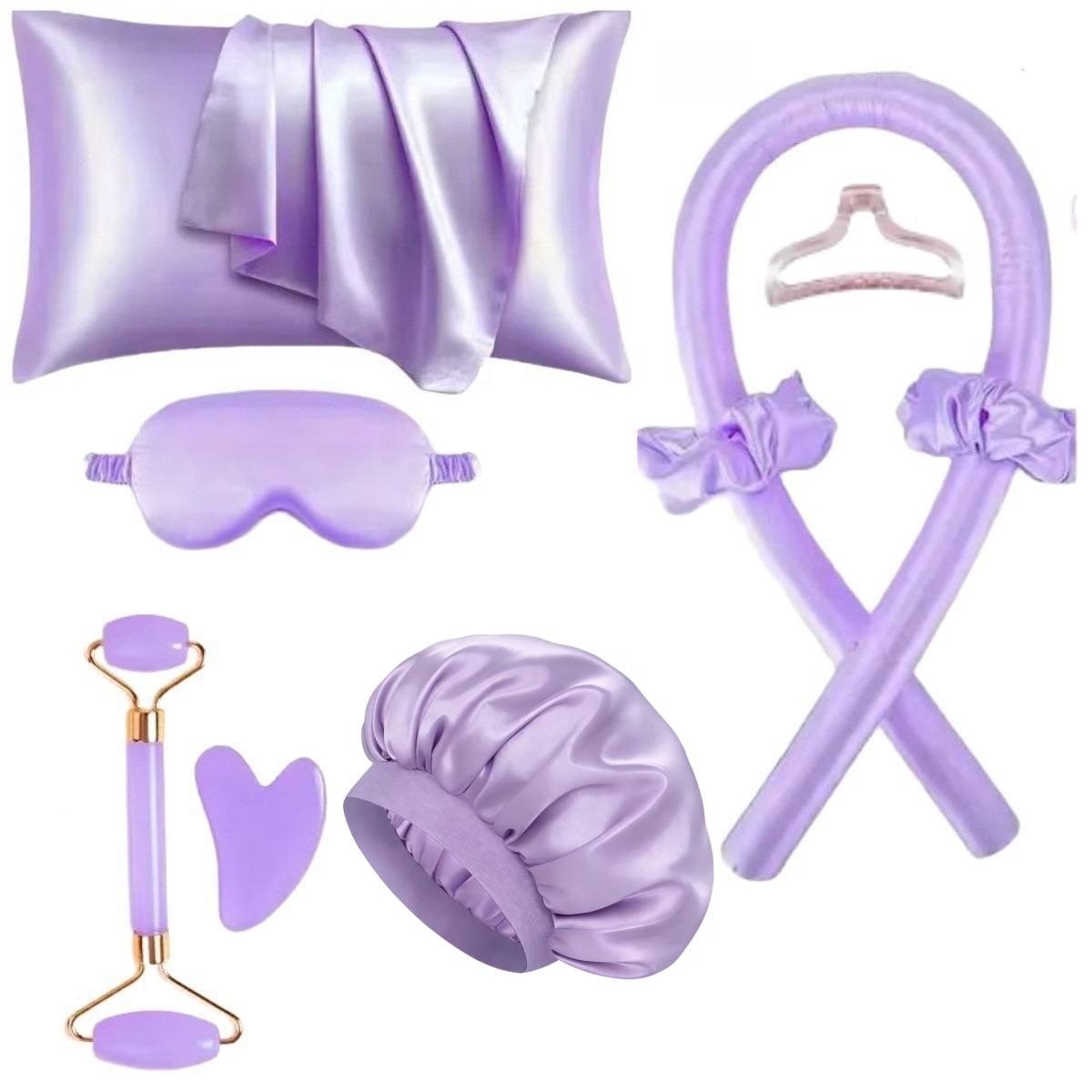 Cross-border e-commerce hot-selling set of heatless curling iron on Amazon, eye mask, shower cap, heatless and hair-friendly, single zipper pillow.