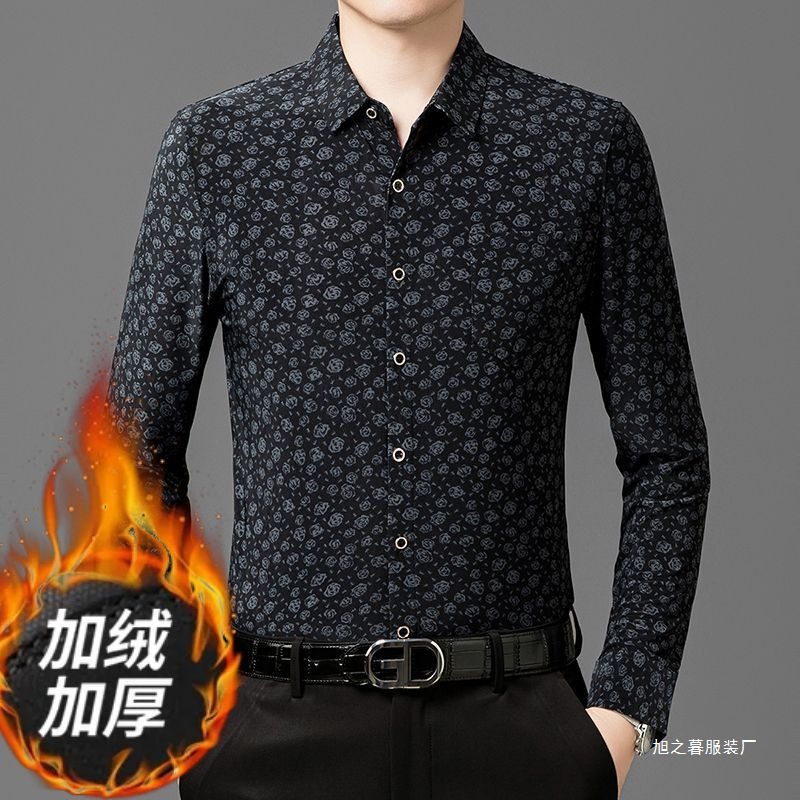 5 Men's winter fleece and thickened warm clothes, long-sleeved shirts, casual and loose, middle-aged printed tops, no-iron dad