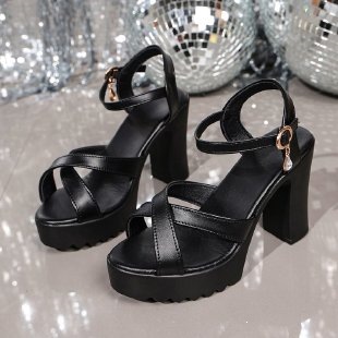Cross-border black high-heeled sandals for women with cross straps and rhinestone decorations, thick-heeled waterproof platform, one-line buckle sandals for export batch
