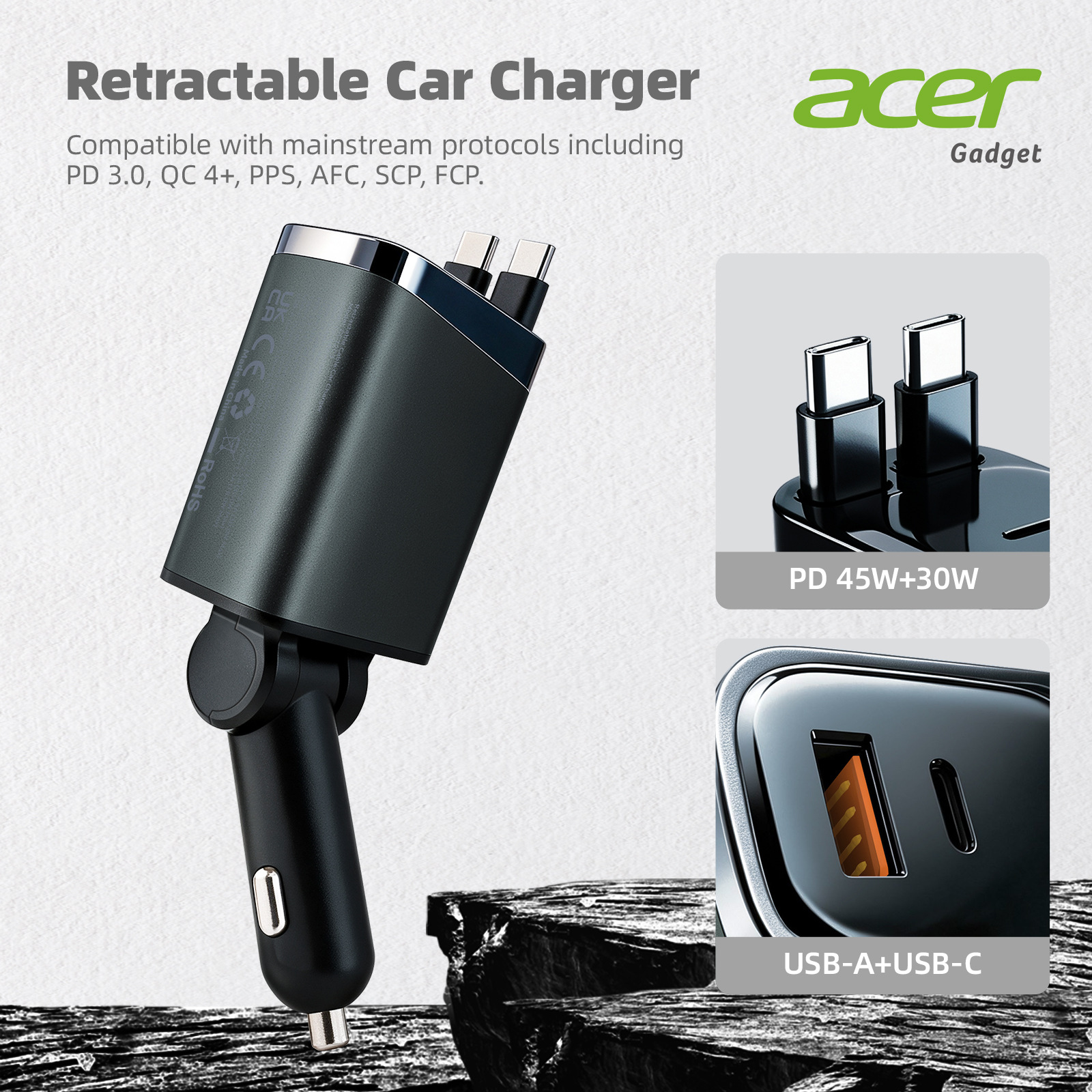 acer 105W dual-extendable cable car charger PD fast charging with digital display cross-border wholesale