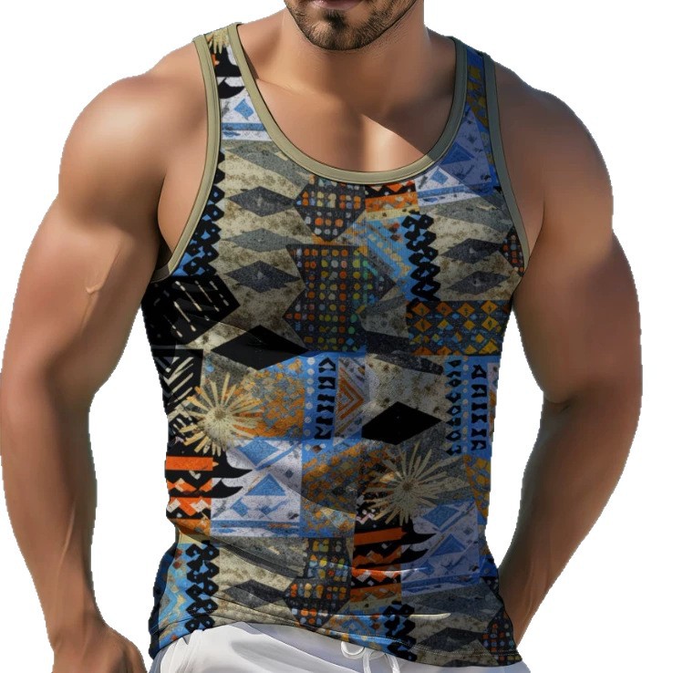 Cross-border Foreign trade 2026 Summer New Men's vest, comfortable and casual sleeveless digital printed geometric men's top